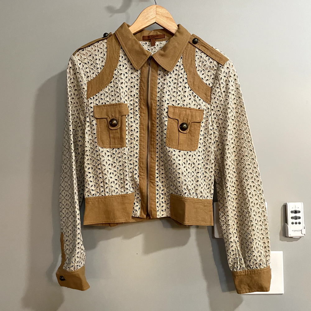 Sisters‎ Jacket Sz Medium Eyelet Zip Linen Blend Pockets Western Cottagecore